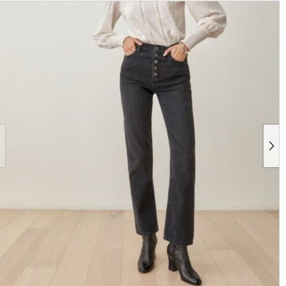 Reformation black gray high rise wide leg jeans button fly cropped - Picture 9 of 9